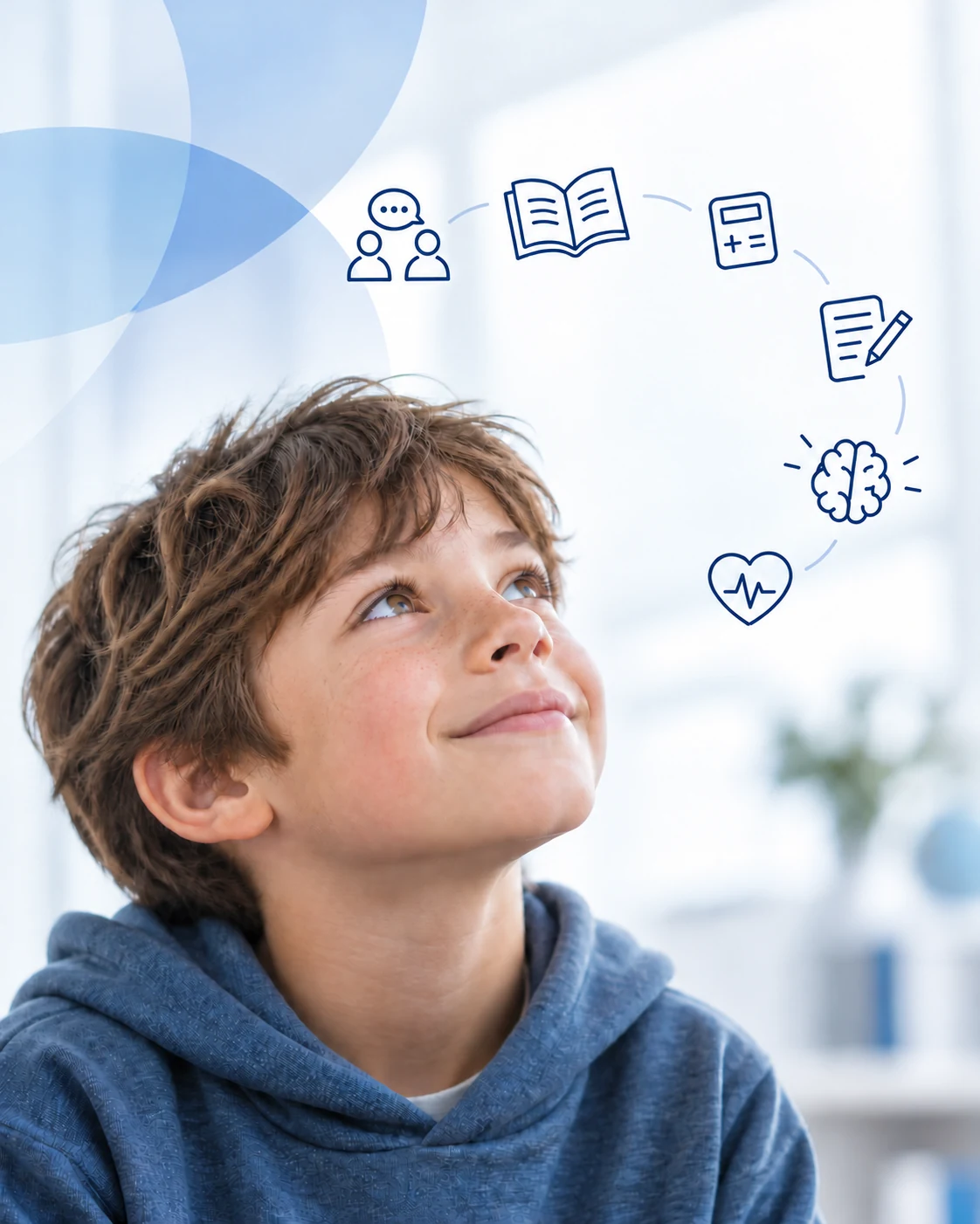 A hopeful child looking upward, with blue outline icons representing reading, math, writing, thinking, emotional wellbeing, and peer communication